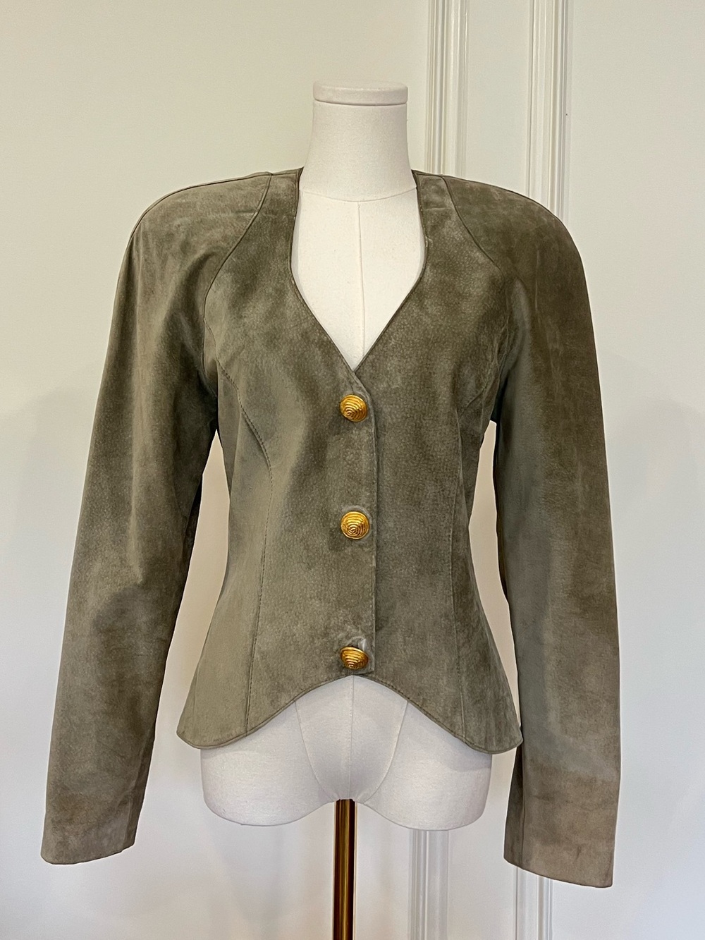 Danier Vintage Sage Suede Sweetheart Neck Peplum Blazer Jacket Gold Buttons XS - Picture 7 of 11